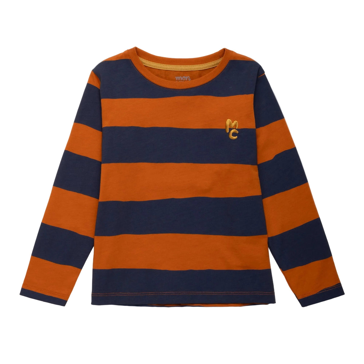 Organic Cotton Long Sleeve T-Shirt - Chestnut & Navy Rugby Stripe