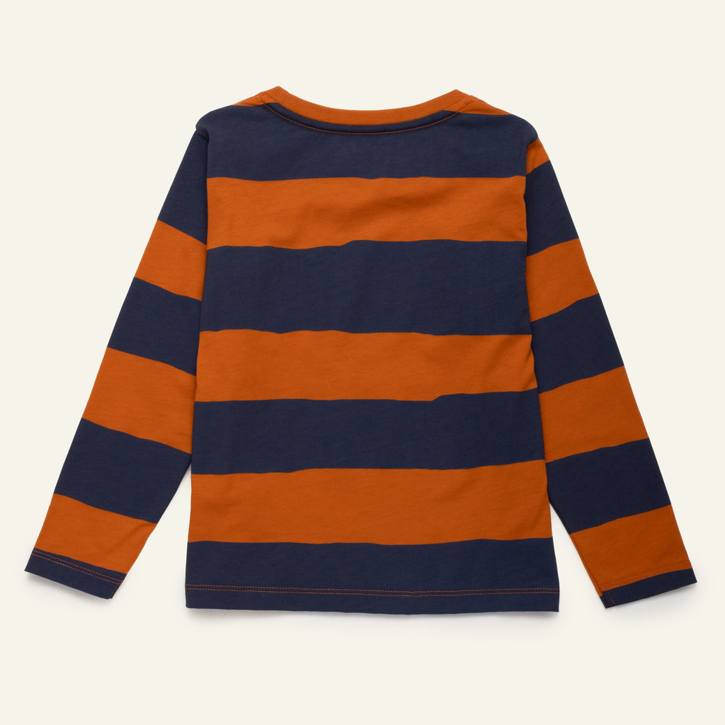 Organic Cotton Long Sleeve T-Shirt - Chestnut & Navy Rugby Stripe