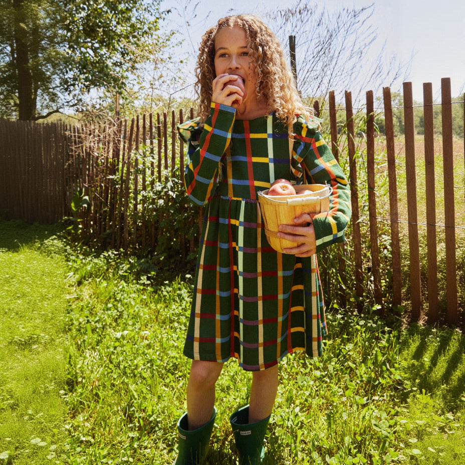 Organic Cotton Ruffle Dress - Fall Grid