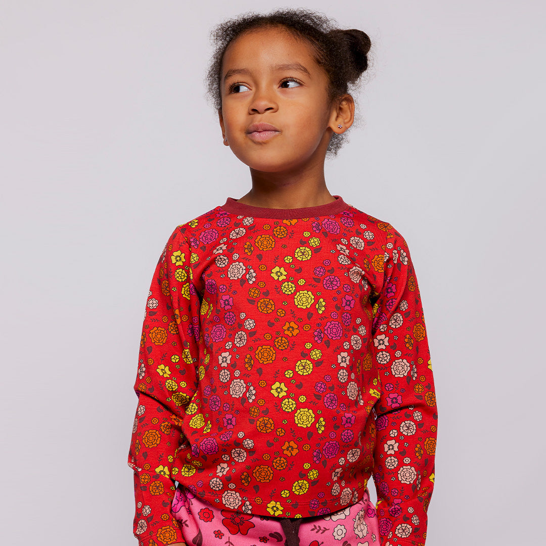 Organic Cotton Long Sleeve T-Shirt - Flowers, Red