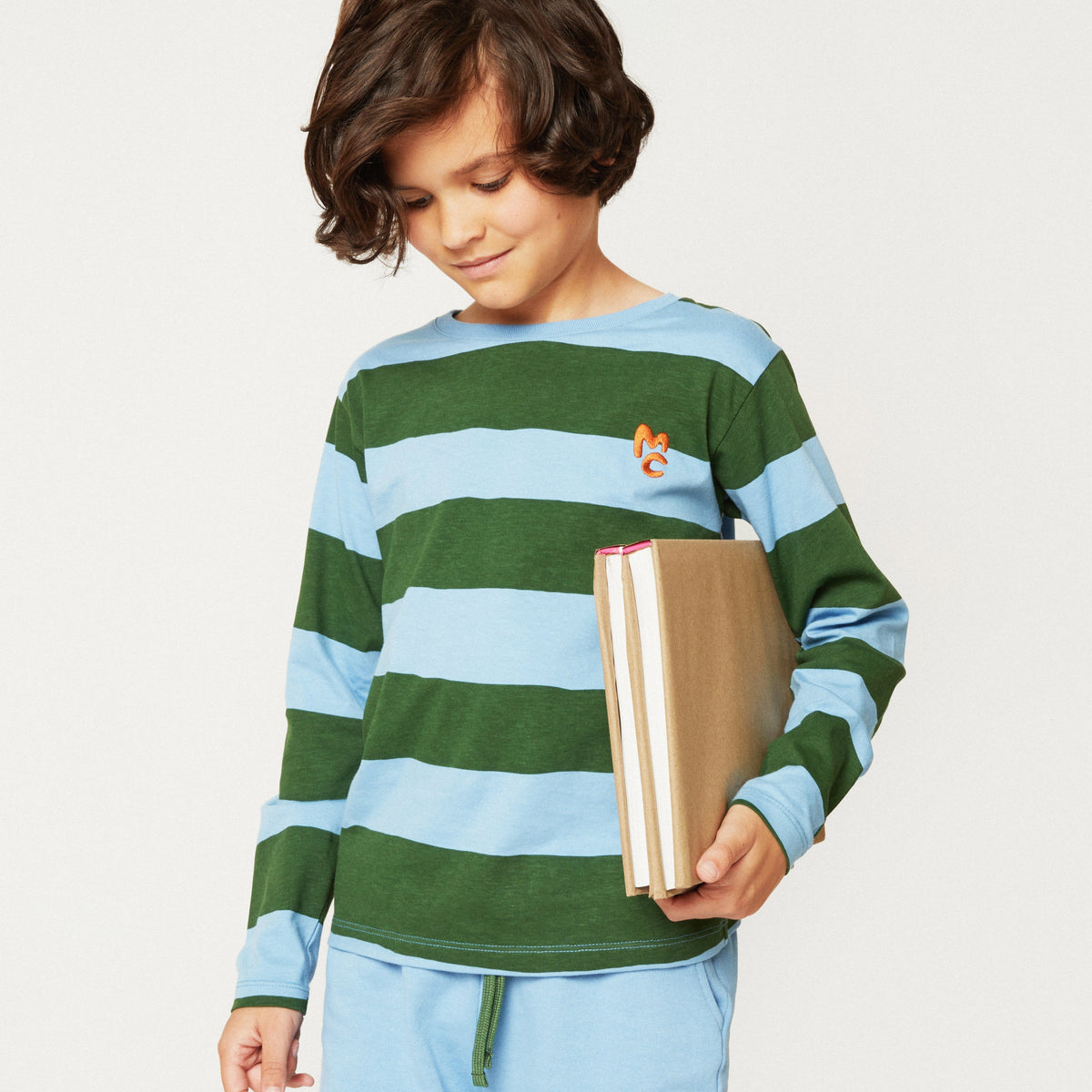 Organic Cotton Long Sleeve T-Shirt - Blue & Green Rugby Stripe