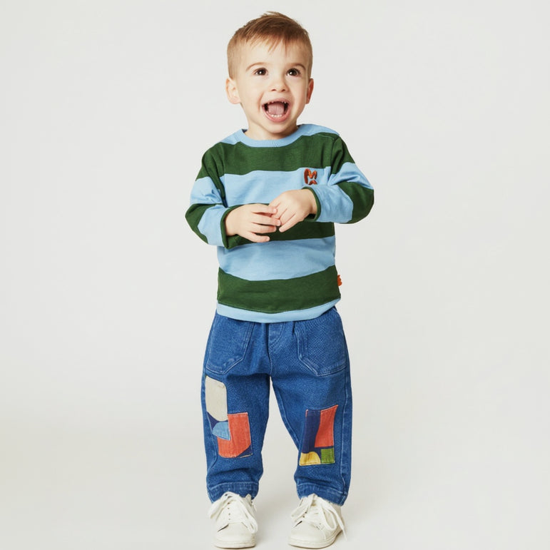 Organic Cotton Long Sleeve T-Shirt - Blue & Green Rugby Stripe