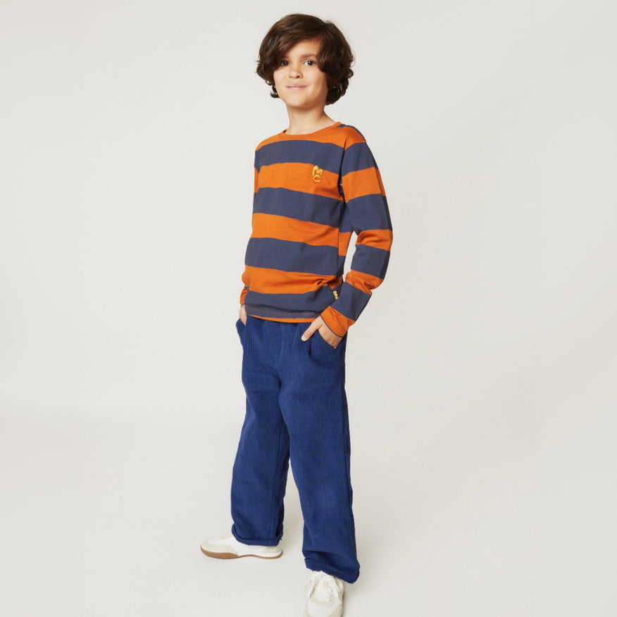 Organic Cotton Long Sleeve T-Shirt - Chestnut & Navy Rugby Stripe