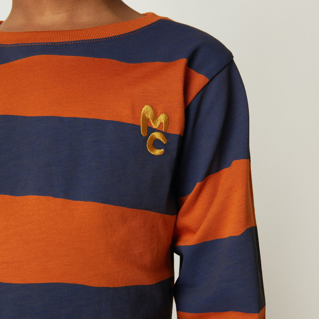 Organic Cotton Long Sleeve T-Shirt - Chestnut & Navy Rugby Stripe