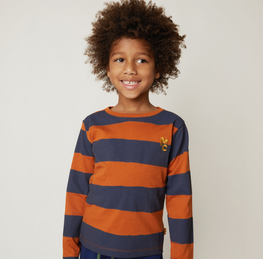 Organic Cotton Long Sleeve T-Shirt - Chestnut & Navy Rugby Stripe