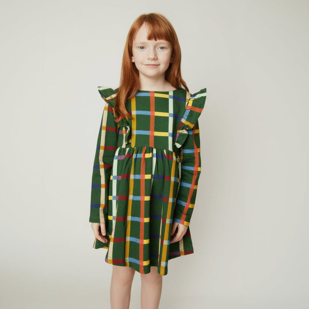 Organic Cotton Ruffle Dress - Fall Grid