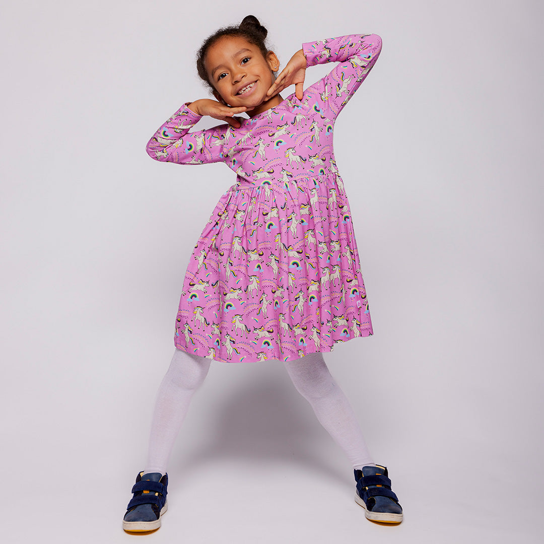 Organic Cotton Long Sleeve Dress - Unicorns
